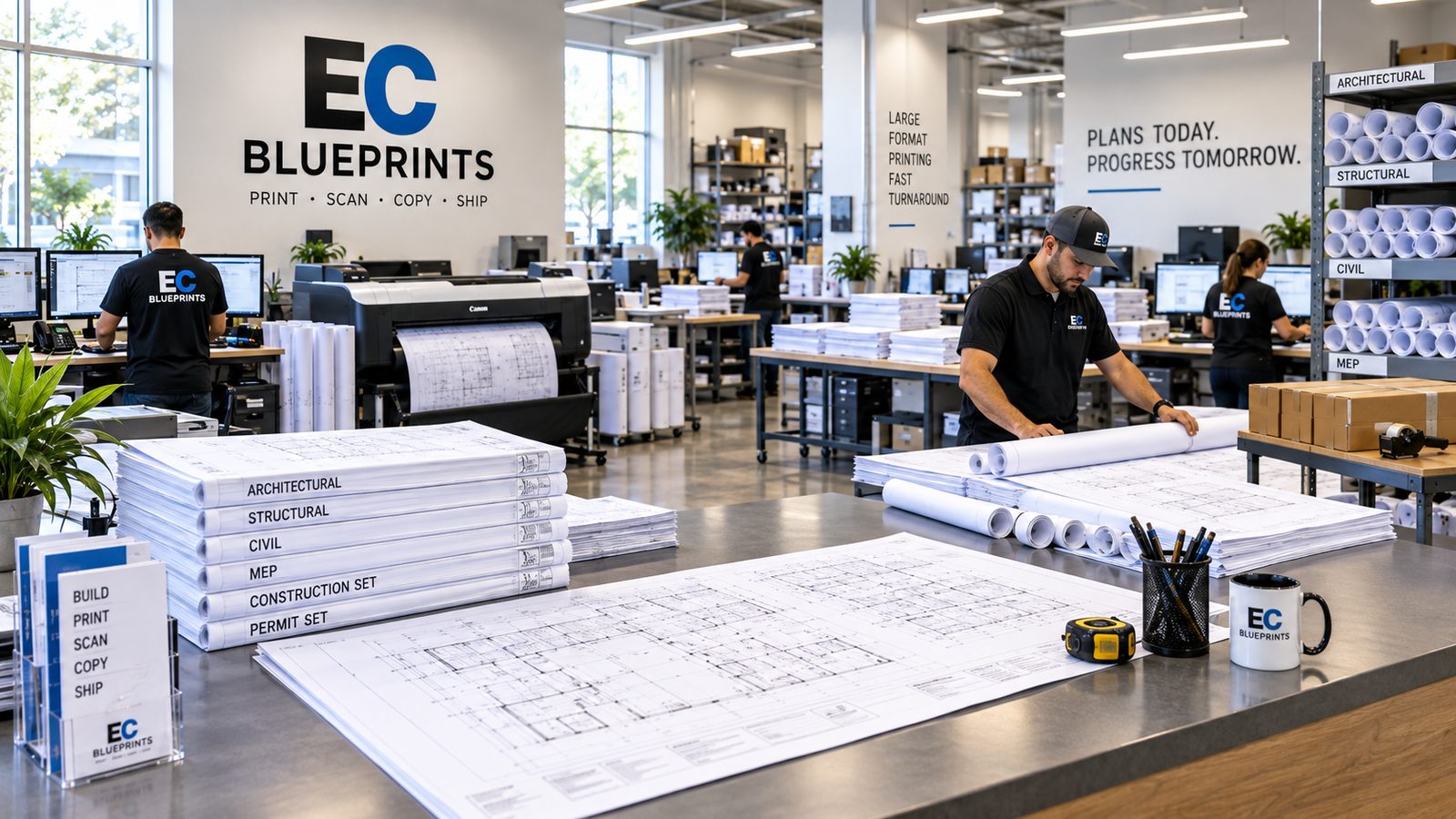 East Coast Blueprints production floor: large-format plotter, banded plan sets labeled by discipline, and staff rolling drawings for shipment