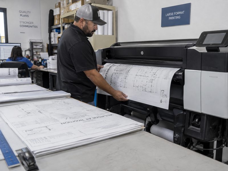 A press operator guiding a 24×36 plan sheet off the HP DesignJet plotter, with a stacked set on the table beside him