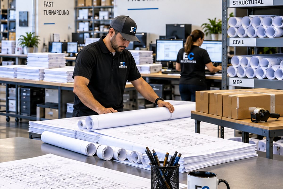 East Coast Blueprints staff rolling a printed plan set for shipment, with labeled architectural, structural, civil, and MEP sets on the shelf behind